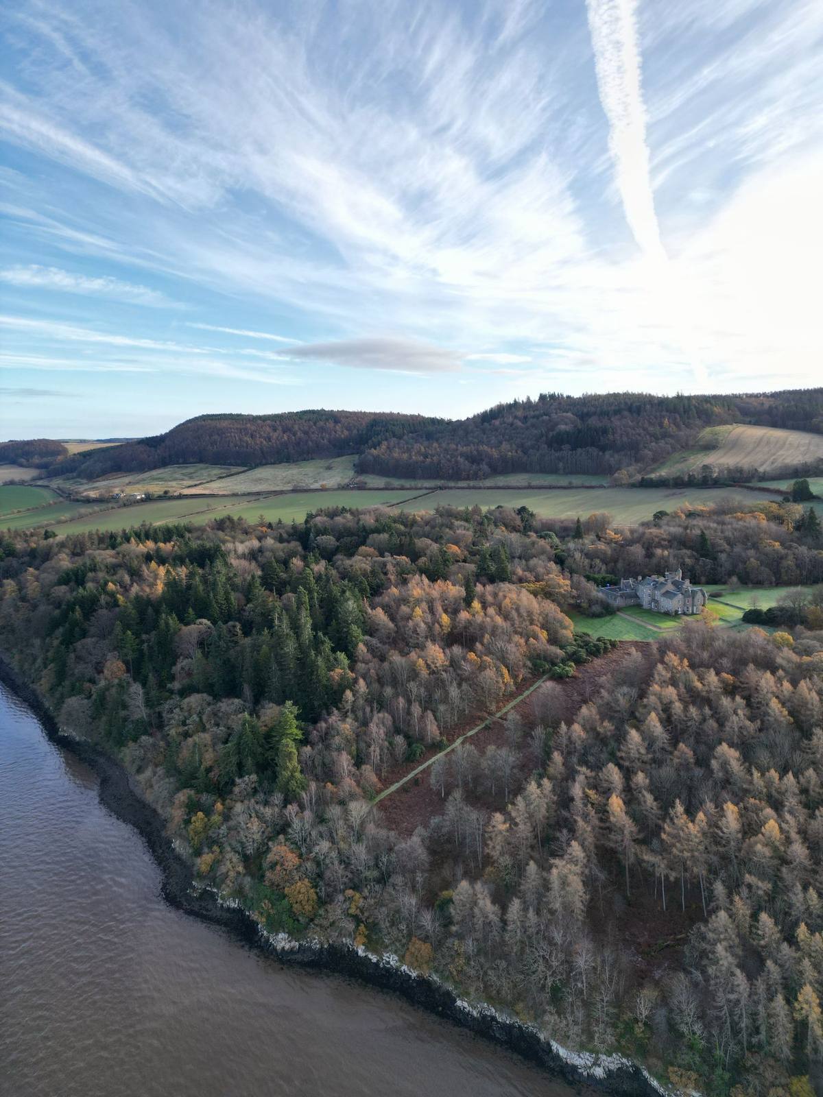 Aerial view of the Birkhill estate, woodland running down to the water