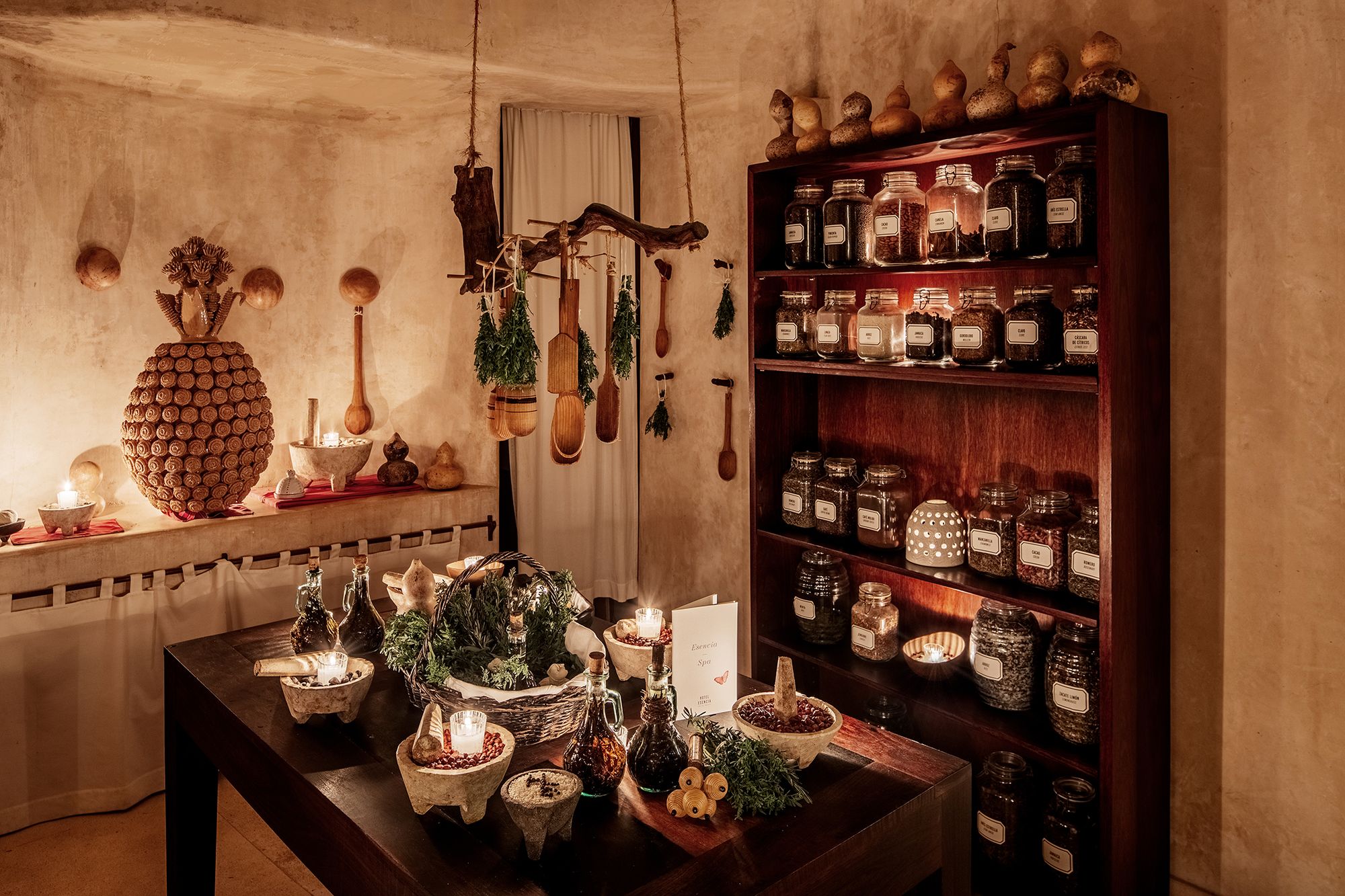 The Mayan organic kitchen at Esencia Spa with jars of herbs and botanicals