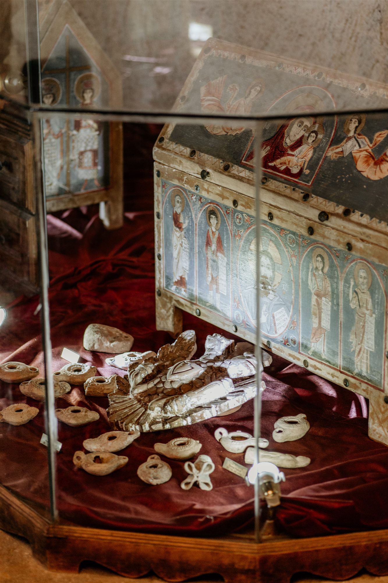 Glass display case of antique jewellery and painted icons at Museum Hotel, Cappadocia
