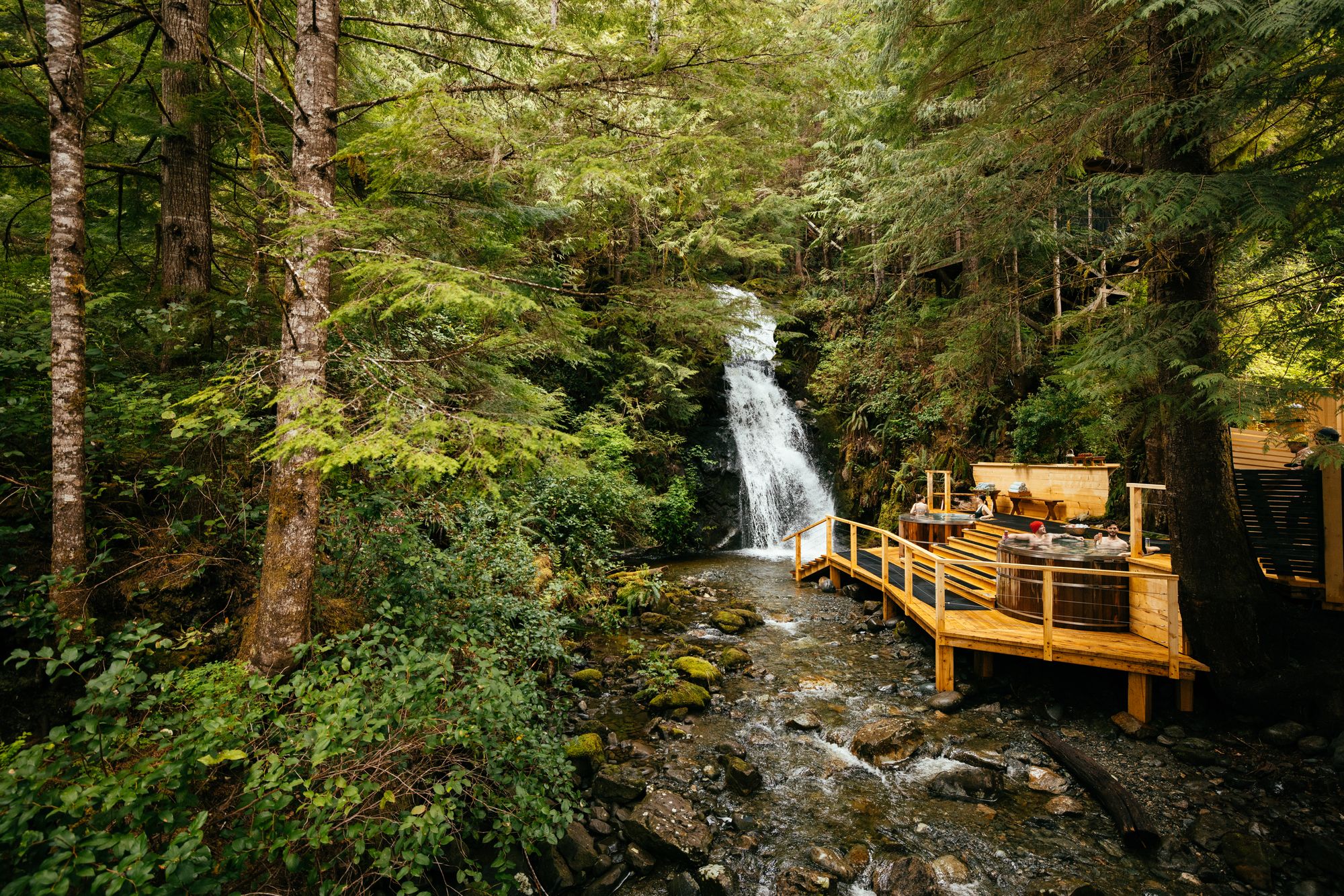 Cedar hot tub platform beside a waterfall in the rainforest at Nimmo Bay