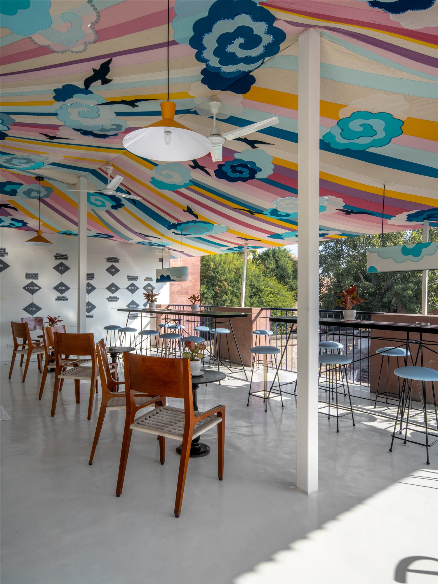 Stepwell Café in Jodhpur with a painted cloud-and-bird ceiling and wooden chairs