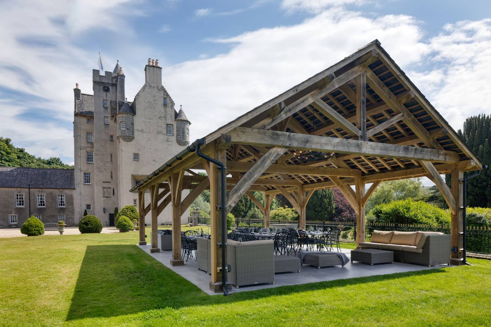 The timber pavilion on Killochan's lawn, the tower beyond