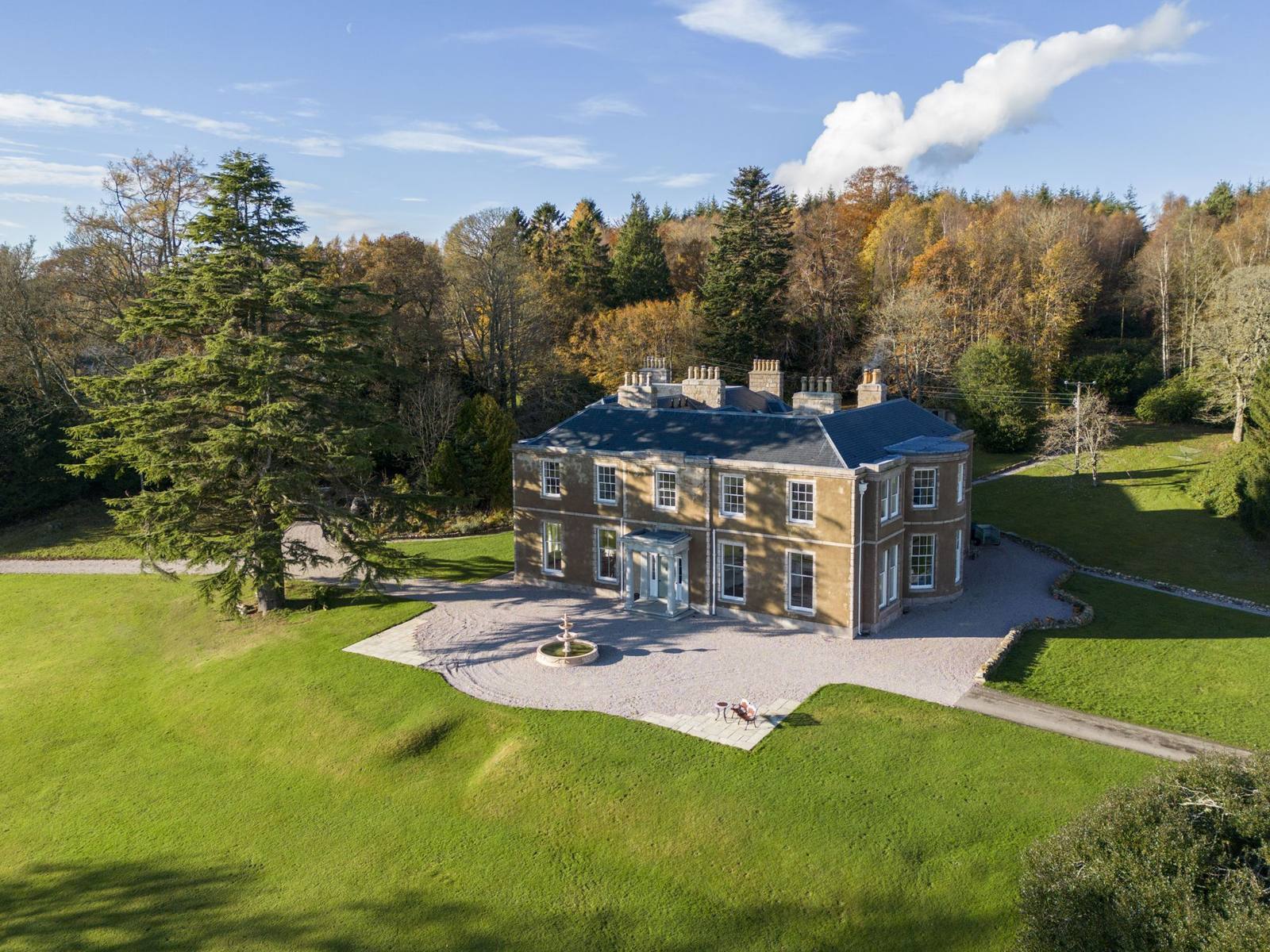Manar House, a Georgian mansion, seen from the air in autumn
